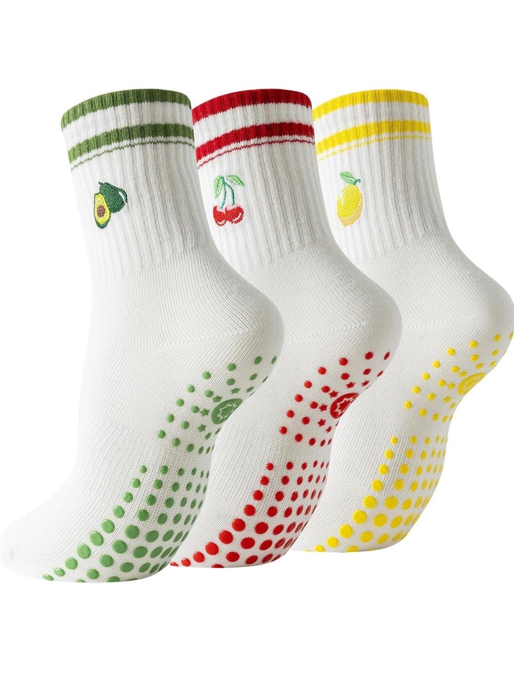 Pilates/Yoga Embroidered Fruit 6 Pack Grip Crew Socks